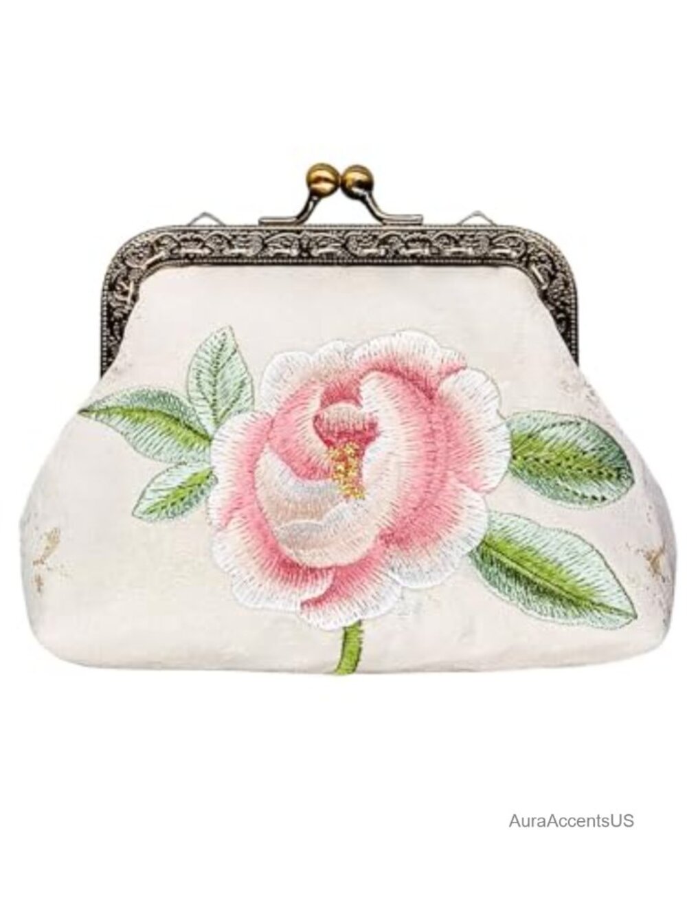 Embroidered Floral Kiss Lock Coin Purse Wallet - Cotton, Travel Accessory